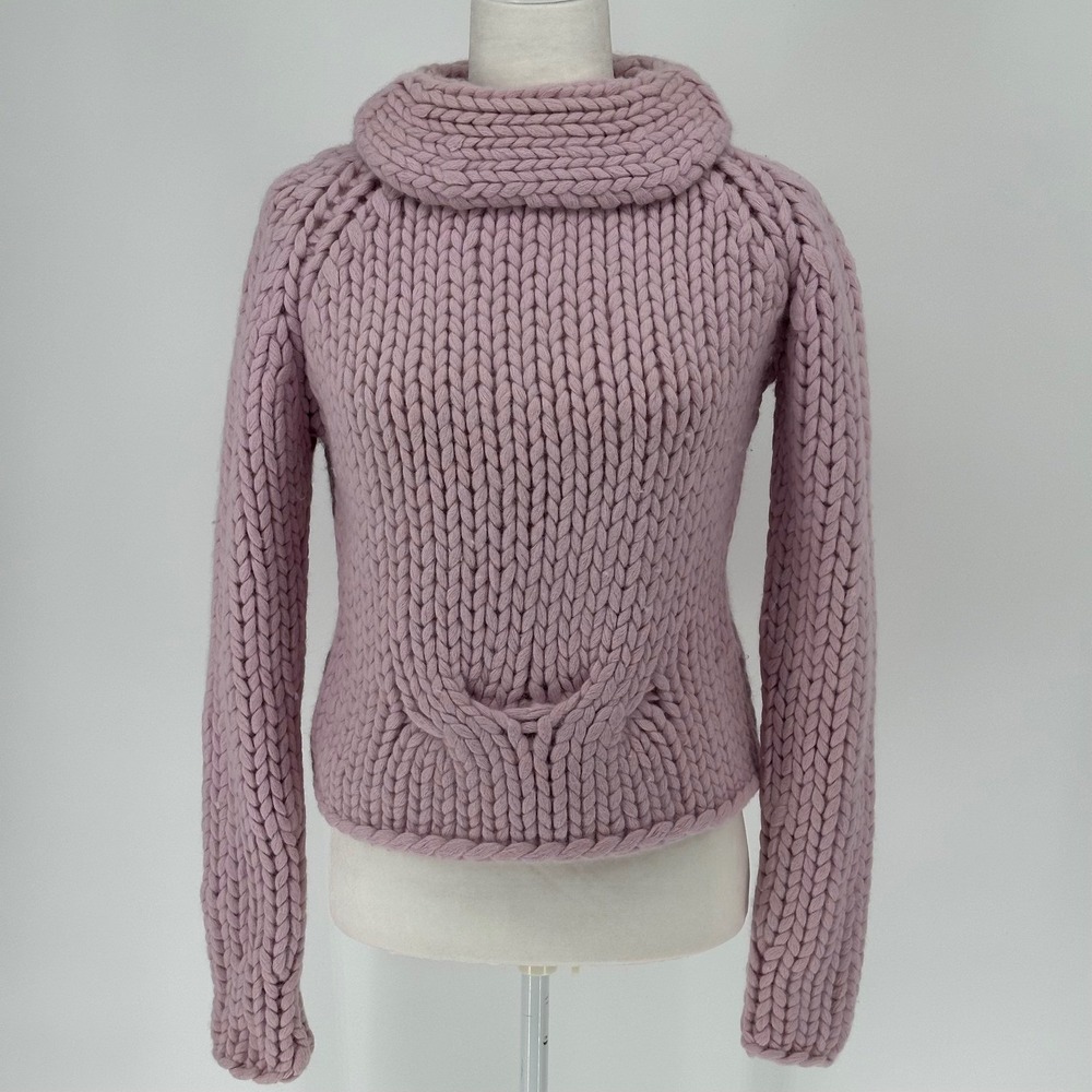 White + Warren Lavender Chunky Knit Turtleneck Sweater Angora Front Pocket Small